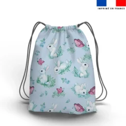 Lapin blanc & papillon rose - Fond bleu clair