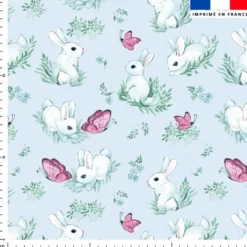 Lapin blanc & papillon rose - Fond bleu clair