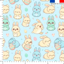 Lapin de Pâques kawaii - Fond bleu ciel