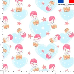 Lapin en parachute et nuage coeur - Fond blanc