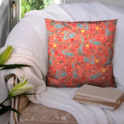 Lapin fleuri bleu - Fond corail
