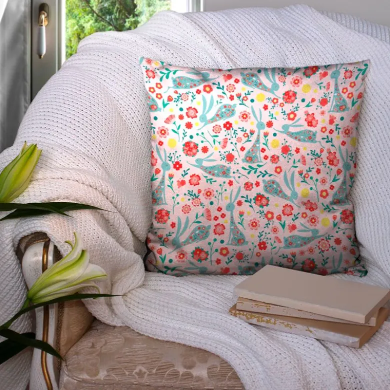 Lapin fleuri bleu - Fond rose clair