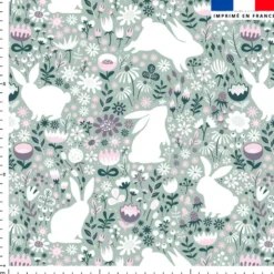 Lapins et fleurs sauvages - Fond vert d'eau