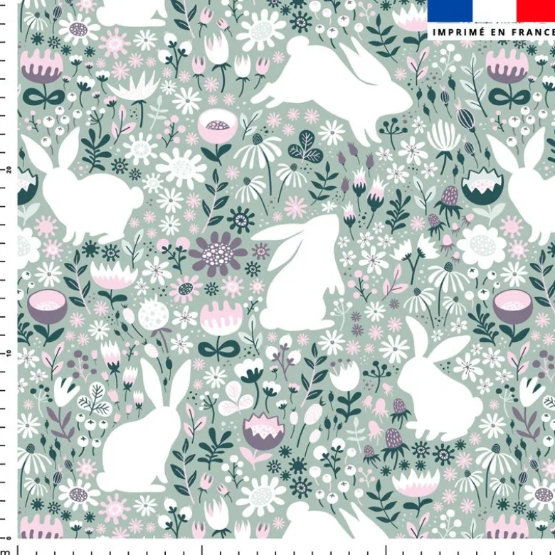 Lapins et fleurs sauvages - Fond vert d'eau