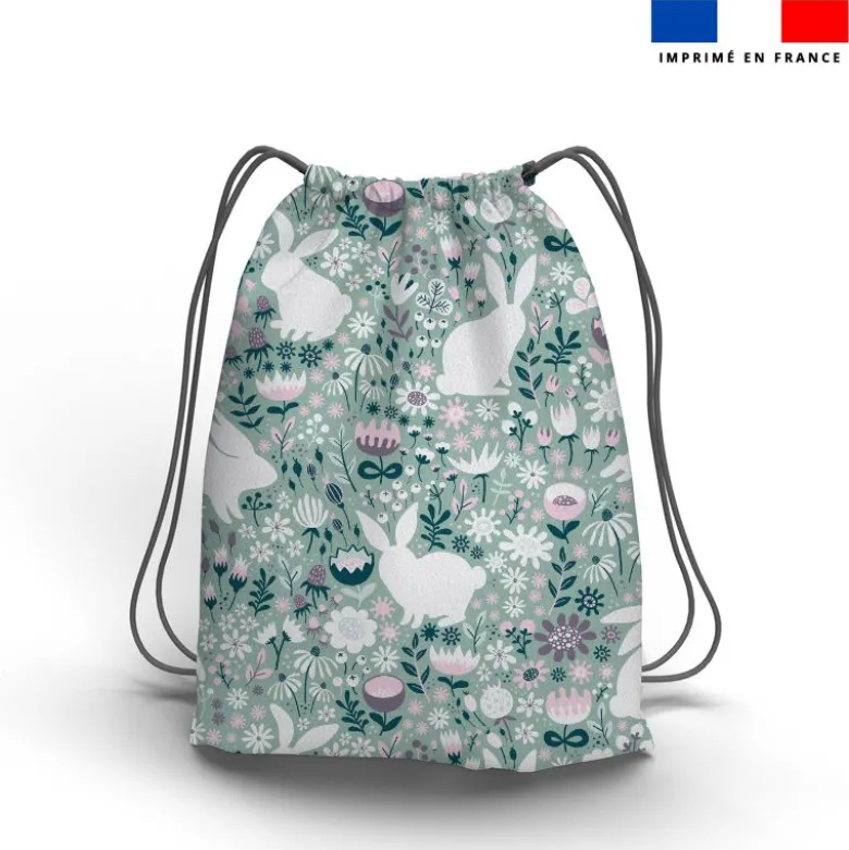 Lapins et fleurs sauvages - Fond vert d'eau