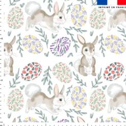 Lapins et œufs de Pâques fleuris - Fond blanc