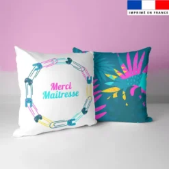 Lot 2 coupons pour coussin carré motif feuilles tropicales roses et bleues maitresse