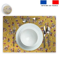 Lot 2 sets de table et 12 dessous de verres motif mini poule et oeufs de Pâques jaune - Création Stillistic