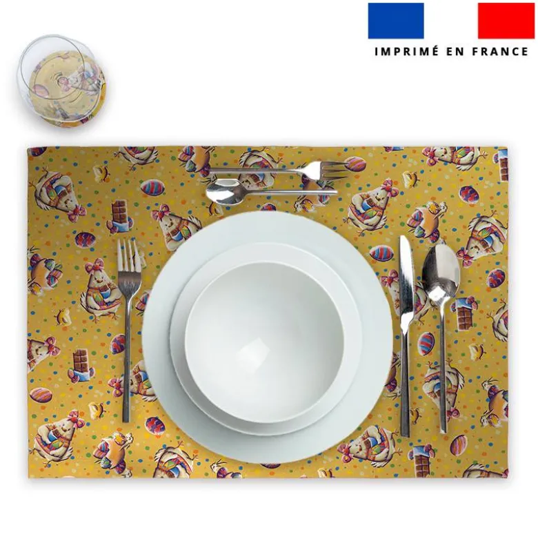 Lot 2 sets de table et 12 dessous de verres motif mini poule et oeufs de Pâques jaune - Création Stillistic