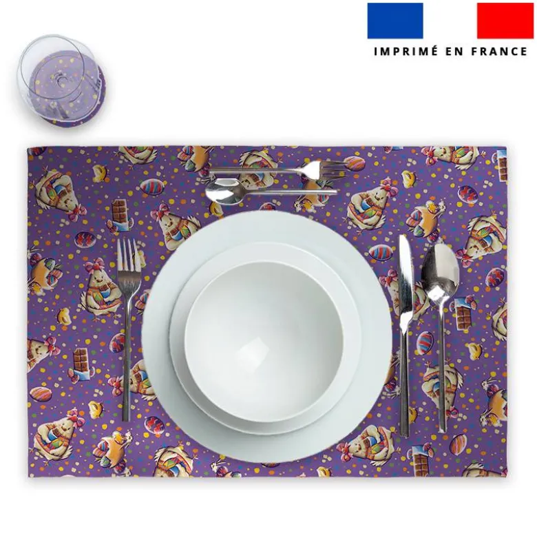 Lot 2 sets de table et 12 dessous de verres motif mini poule et oeufs de Pâques violet - Création Stillistic