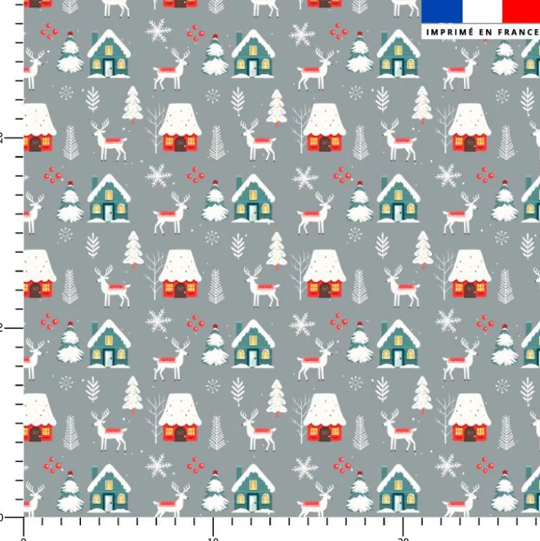 Maison d'hiver et renne - Fond gris