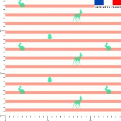 Marinière corail et animaux de la forêt verts - Fond blanc - Création Lili Bambou Design