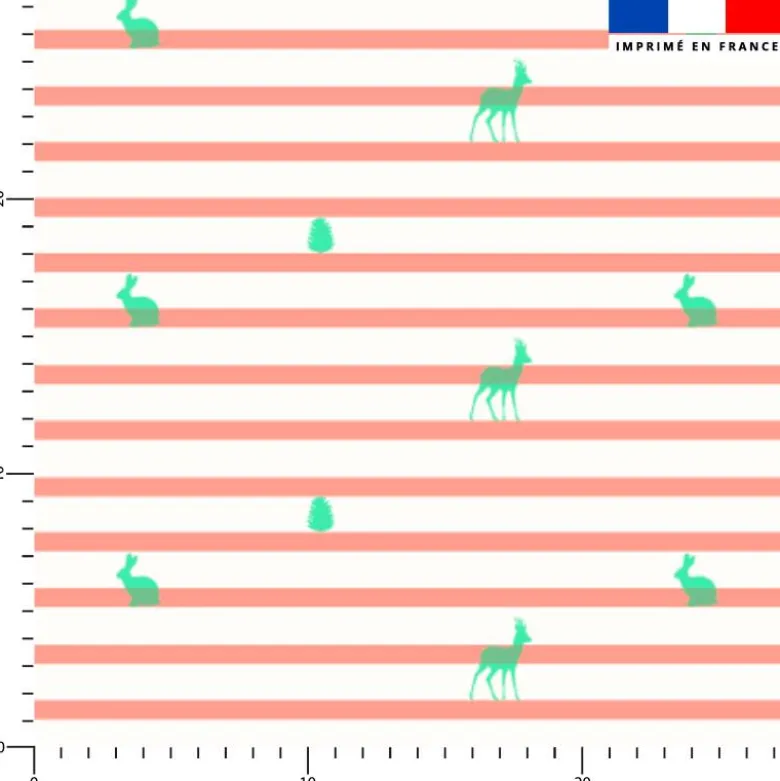 Marinière corail et animaux de la forêt verts - Fond blanc - Création Lili Bambou Design