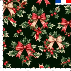 Noeuds rouges et beiges et houx de Noël - Fond vert foncé