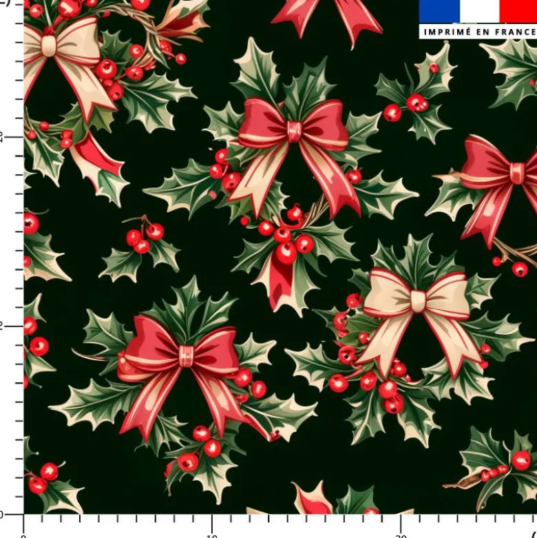 Noeuds rouges et beiges et houx de Noël - Fond vert foncé