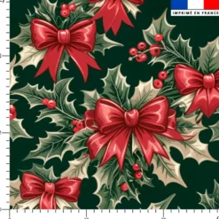 Noeuds rouges houx de Noël - Fond vert foncé