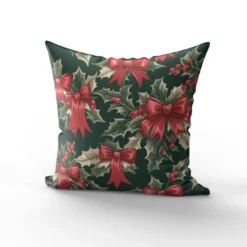 Noeuds rouges houx de Noël - Fond vert foncé