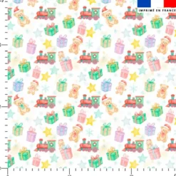 Nounours et cadeaux de Noël - Fond blanc cassé