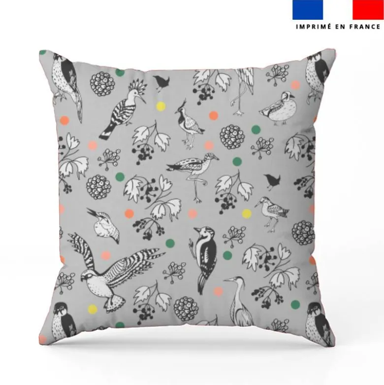 Oiseaux et feuilles - Fond gris - Création Lili Bambou Design
