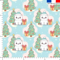 Ourson blanc de noël kawaii - Fond bleu clair