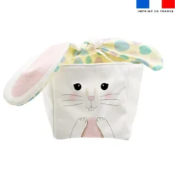 Panier de Pâques lapin blanc et jaune pastel motif oeufs multicolores