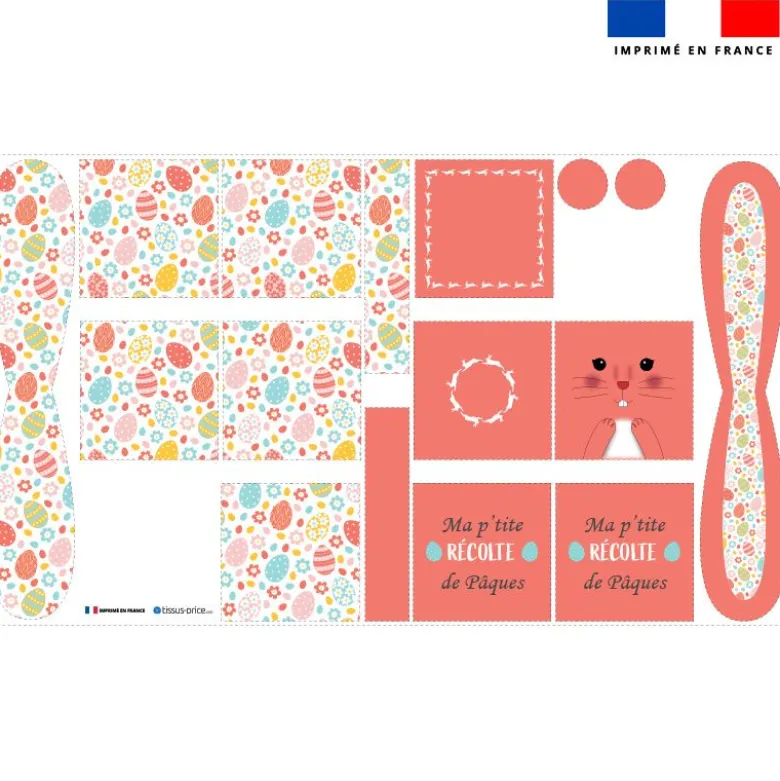 Panier de Pâques lapin rose corail motif œufs de Pâques multicolores