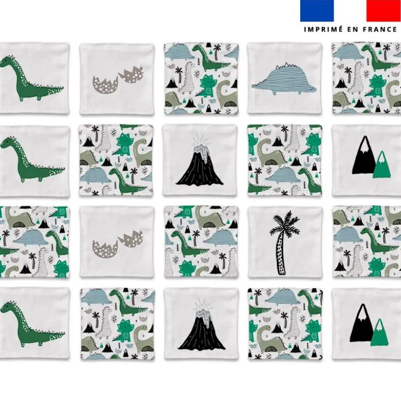 Patron imprimé pour jeu memory motif dino vert et volcan