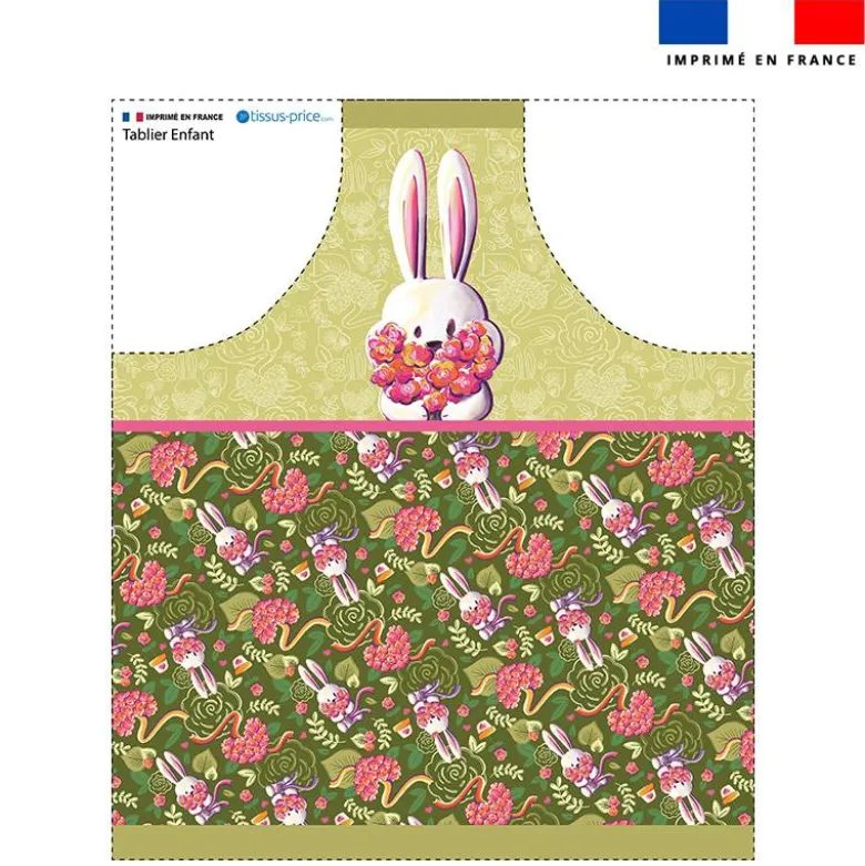 Patron imprimé pour tablier enfant motif lapin printanier vert kaki - Création Stillistic