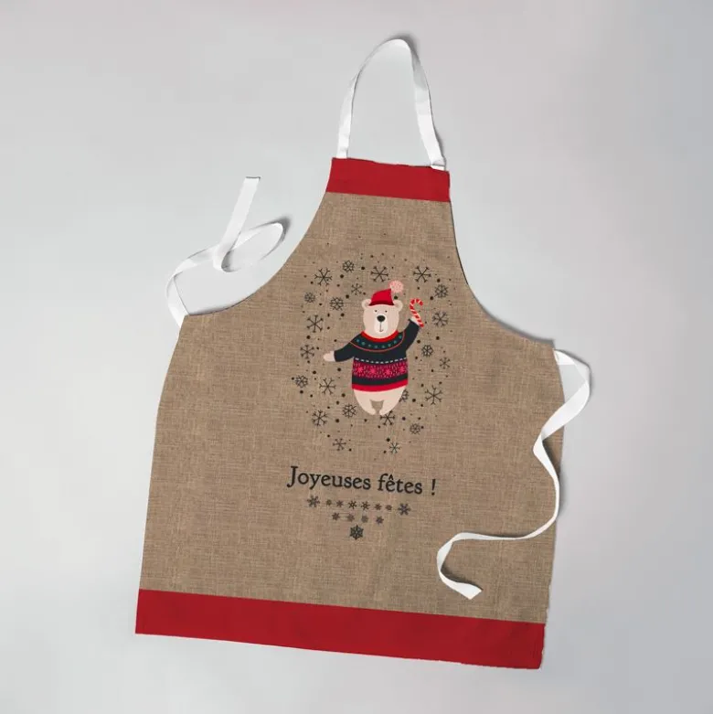 Patron imprimé pour tablier enfant de Noel motif ourson effet toile de jute