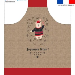 Patron imprimé pour tablier enfant de Noel motif ourson effet toile de jute