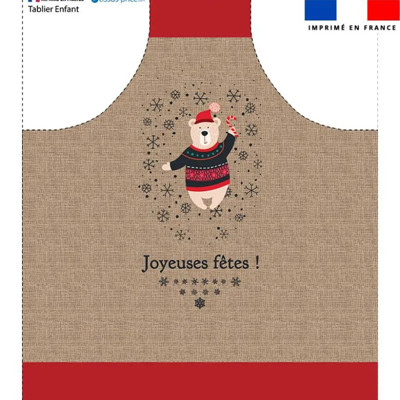 Patron imprimé pour tablier enfant de Noel motif ourson effet toile de jute