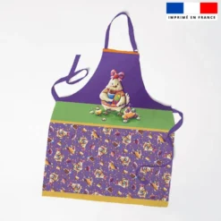 Patron imprimé pour tablier enfant motif poulet et oeufs de Pâques violet - Création Stillistic