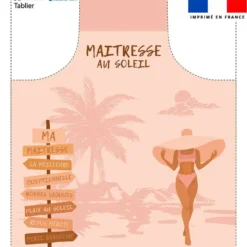 Patron imprimé pour tablier motif maîtresse au soleil saumon et rose