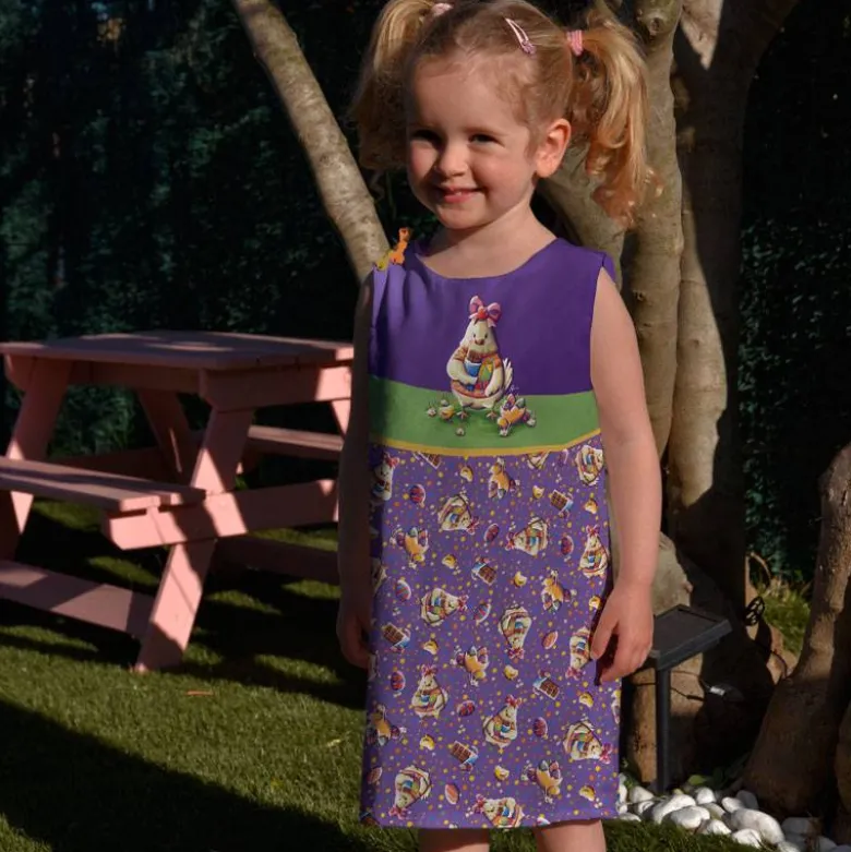 Patron robe enfant motif poule et oeufs de Pâques violet - Création Stillistic