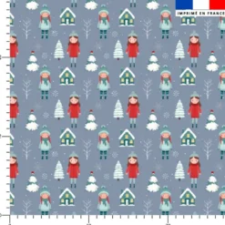 Petite fille et sapin enneigé - Fond bleu gris