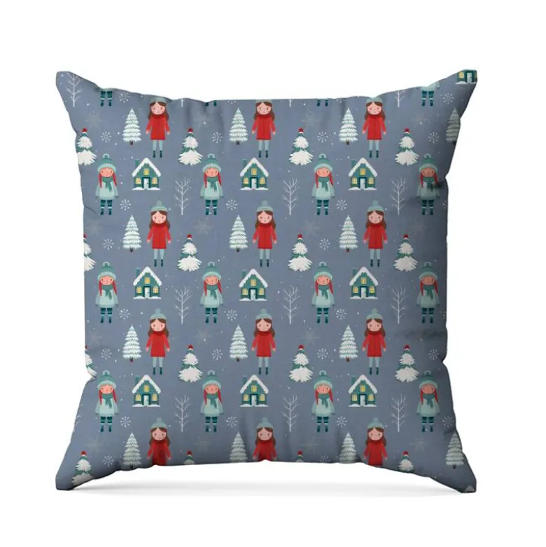 Petite fille et sapin enneigé - Fond bleu gris
