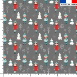 Petite fille et sapin enneigé - Fond gris