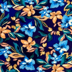 Popeline de viscose bleue motif fleurs aquarelles