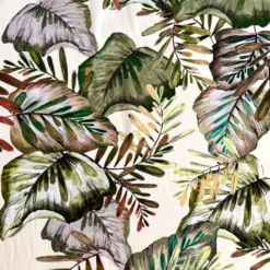Popeline de viscose crème motif feuilles tropicales vertes
