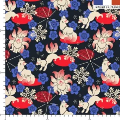 Renards Japonais et fleurs de cerisier - Fond noir - Création Andréa Leonelli