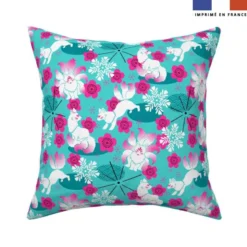 Renards Japonais et fleurs de cerisier - Fond turquoise - Création Andréa Leonelli