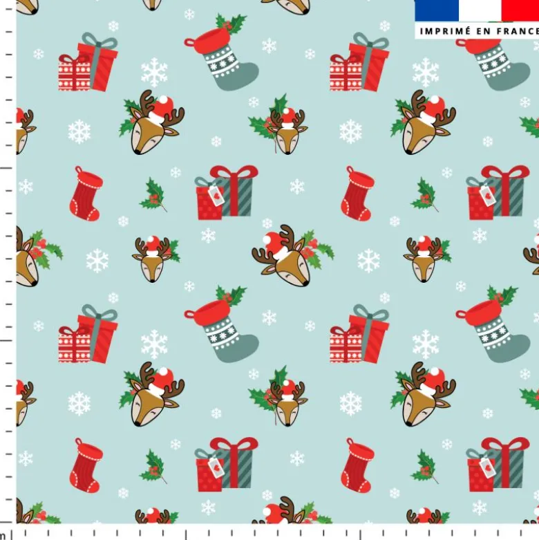Renne et cadeaux de Noel - Fond bleu glacier