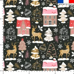 Renne folk et maisons enneigées - Fond anthracite