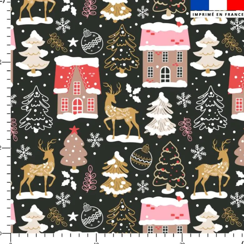 Renne folk et maisons enneigées - Fond anthracite