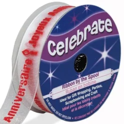 Ruban joyeux anniversaire 15mm en bobine blanc et rouge
