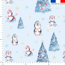 Sapin et pingouin de Noel - Fond bleu ciel