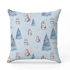 Sapin et pingouin de Noel - Fond bleu ciel