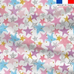 Satin blanc motif étoiles dorées roses et bleues