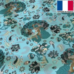 Satin bleu ciel motif tableau floral