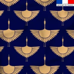 Satin bleu foncé motif grue beige